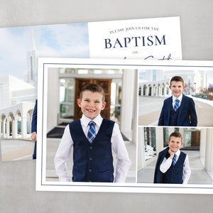 May include: A baptism invitation with a photo collage of a young boy in a navy blue suit and vest. The invitation reads "Please join us for the Baptism of [Name]"