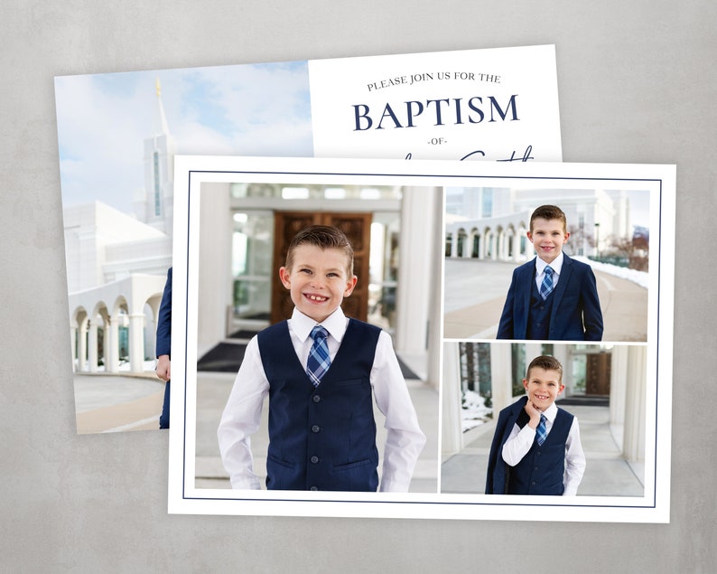 May include: A baptism invitation with a photo collage of a young boy in a navy blue suit and vest. The invitation reads "Please join us for the Baptism of [Name]"