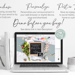 K&ouml;nnte beinhalten: Ein Laptop-Bildschirm zeigt eine digitale Designvorlage f&uuml;r eine Baby-Ank&uuml;ndigung. Das Design zeigt eine Kreidetafel mit dem Text "We're Eggspecting Somebunny! Baby Olsen October 2024" und ein Ultraschallbild. Das Design ist von verschiedenen Requisiten umgeben, darunter ein Hasenpl&uuml;schtier, ein Blumenstrau&szlig; und eine Schnur aus Holzperlen.