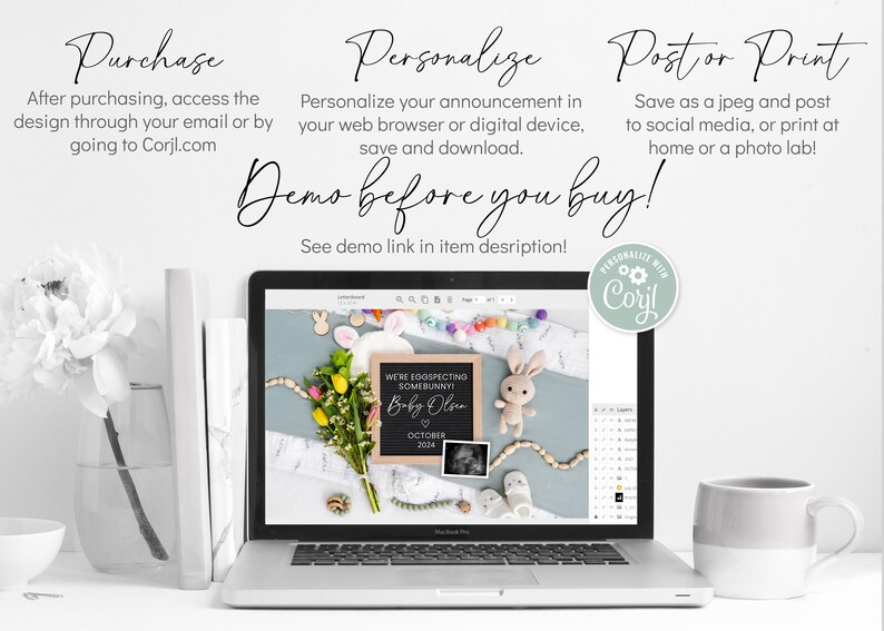 K&ouml;nnte beinhalten: Ein Laptop-Bildschirm zeigt eine digitale Designvorlage f&uuml;r eine Baby-Ank&uuml;ndigung. Das Design zeigt eine Kreidetafel mit dem Text "We're Eggspecting Somebunny! Baby Olsen October 2024" und ein Ultraschallbild. Das Design ist von verschiedenen Requisiten umgeben, darunter ein Hasenpl&uuml;schtier, ein Blumenstrau&szlig; und eine Schnur aus Holzperlen.