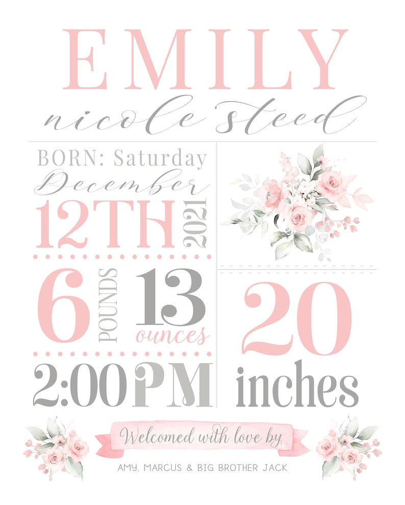 May include: Pink and gray baby announcement poster with the name Emily Nicole Steed, born on December 12th, 2021 at 2:00 PM. She weighed 6 pounds and 13 ounces and was 20 inches long. The poster also includes a floral design and the text "Welcomed with love by Amy, Marcus & Big Brother Jack."
