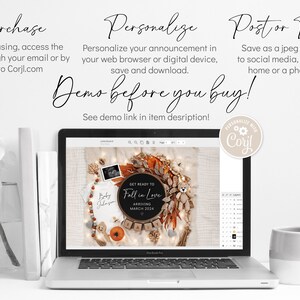 May include: A laptop screen displaying a digital design template for a fall-themed baby announcement. The design features a wreath with autumn foliage, a sign that says "Get Ready to Fall in Love", and a teddy bear. The text "Baby Johnson Arriving March 2024" is also included in the design.