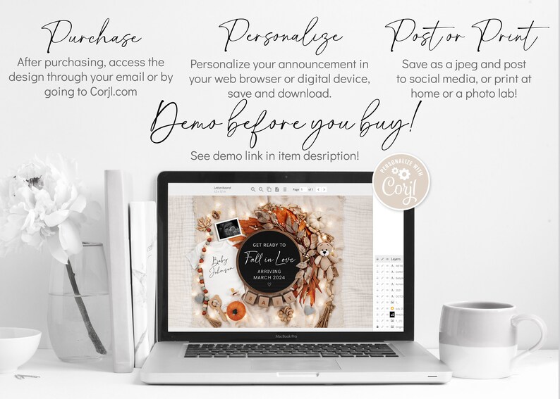 May include: A laptop screen displaying a digital design template for a fall-themed baby announcement. The design features a wreath with autumn foliage, a sign that says "Get Ready to Fall in Love", and a teddy bear. The text "Baby Johnson Arriving March 2024" is also included in the design.