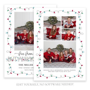 May include: A Christmas card featuring a family in matching pajamas with a string of lights border. The card reads "far from BUT ALWAY! THE MILLER mike | vanessa | joke twenty twenty" and "WISHING YOU A WONDERFUL HOLIDAY SEASON AND NEW YEAR FILLED WITH JOY!"