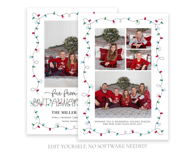 May include: A Christmas card featuring a family in matching pajamas with a string of lights border. The card reads "far from BUT ALWAY! THE MILLER mike | vanessa | joke twenty twenty" and "WISHING YOU A WONDERFUL HOLIDAY SEASON AND NEW YEAR FILLED WITH JOY!"