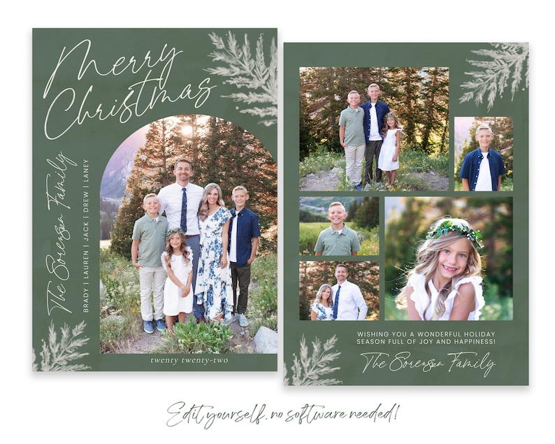May include: A Christmas card featuring a family portrait with the text "Merry Christmas The Sorengen Family Brady | Lauren | Jack | Drew | Laney twenty twenty-two" and "Wishing you a wonderful holiday season full of joy and happiness! The Sorengen Family".