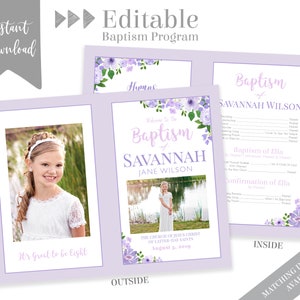 Baptism Program Girl, LDS Baptism Program, Corjl , Floral Program Instant Download , Photo, Girl Baptism Program Template
