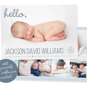 Tarjeta personalizada de anuncio de nacimiento de bebé - Tarjeta de anuncio de recién nacido DIY con foto - Fácil de editar en Corjl
