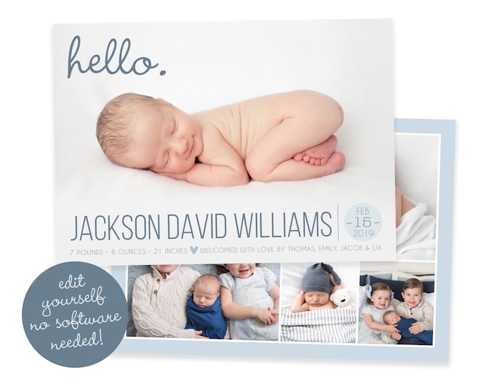 Custom Baby Boy Birth Announcement Card - DIY Newborn Announcement Card with Photo - Easy to Edit in Corjl