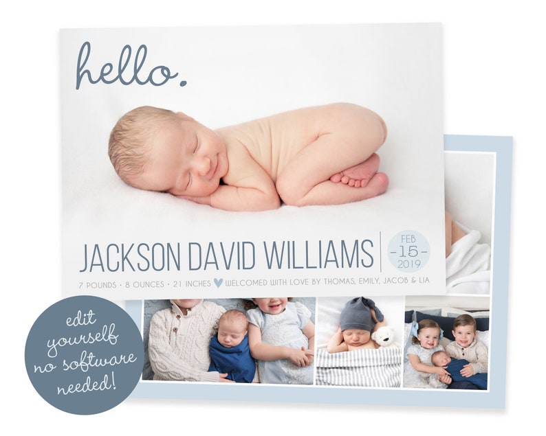 May include: A newborn baby boy named Jackson David Williams, born on February 15, 2019, weighing 7 pounds and 8 ounces, and measuring 21 inches. The baby is sleeping on a white blanket with a blue and white striped blanket in the background. The image also includes a collage of photos of the baby with his siblings.