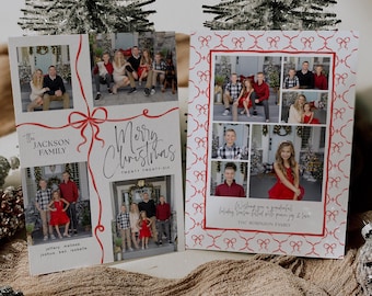 Family Photo Christmas Card, Red Ribbon Bow, Editable Canva Template