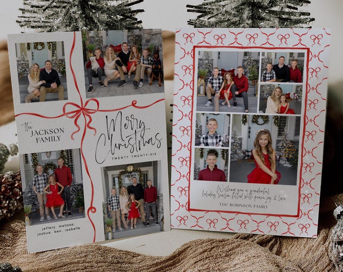 Family Photo Christmas Card, Red Ribbon Bow, Editable Canva Template