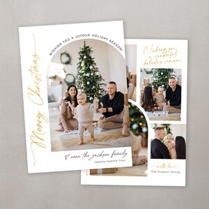 May include: A Christmas card featuring a family of three posing in front of a decorated Christmas tree. The card has a gold script font that says "Merry Christmas" and "Wishing you a joyous holiday season!" The card also includes the text "xoxo the jackson family twenty twenty-four" and "with love The Preston Family".