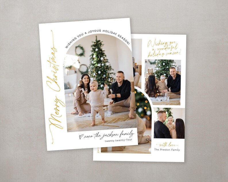 May include: A Christmas card featuring a family of three posing in front of a decorated Christmas tree. The card has a gold script font that says "Merry Christmas" and "Wishing you a joyous holiday season!" The card also includes the text "xoxo the jackson family twenty twenty-four" and "with love The Preston Family".