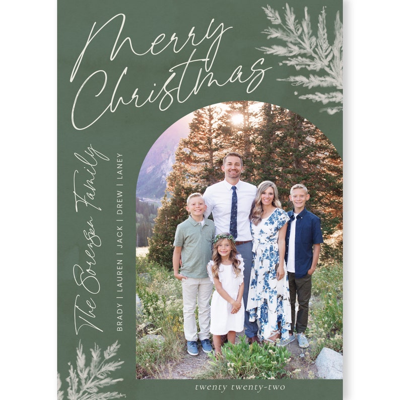 May include: A Christmas card featuring a family of five standing in front of a green forest. The card has a green background with white text that reads "Merry Christmas" and "The Sorengen Family" with the family members' names listed below. The text "twenty twenty-two" is at the bottom of the card.