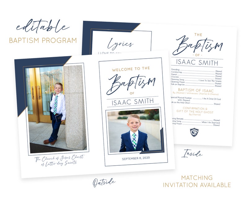 May include: A blue and gold baptism program with a photo of a young boy in a suit. The program includes the text "The Baptism of Isaac Smith" and the date "September 8, 2020".