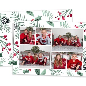 May include: A Christmas card featuring a collage of photos of a family in matching red and white pajamas. The photos are set against a white background with a green and red holiday pattern.