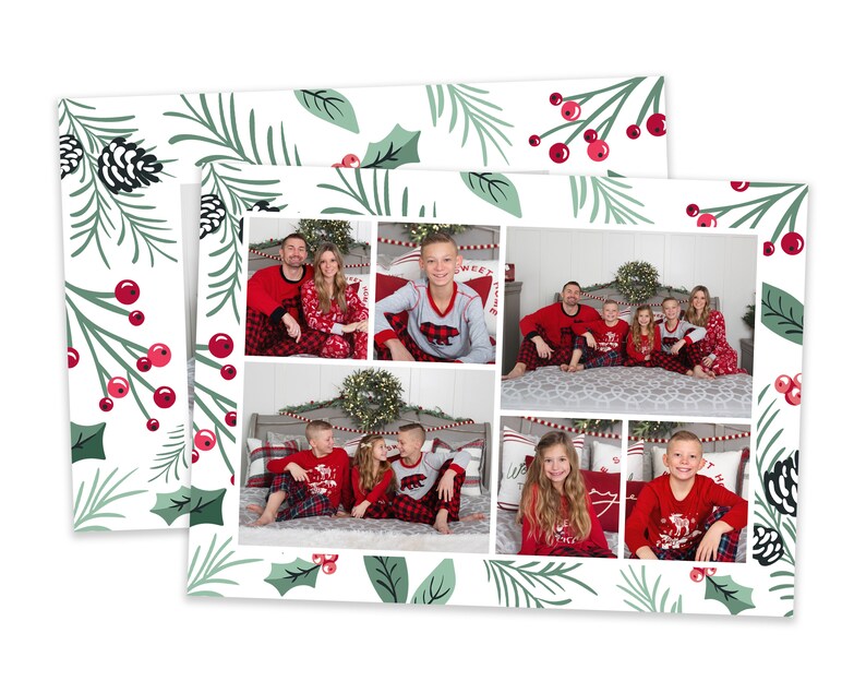 May include: A Christmas card featuring a collage of photos of a family in matching red and white pajamas. The photos are set against a white background with a green and red holiday pattern.