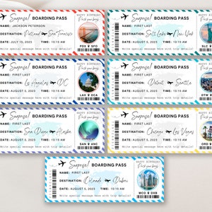 May include: A set of six printable boarding passes with a travel theme. Each pass features a different destination, including Portland, San Francisco, Salt Lake City, New York, Los Angeles, Washington D.C., Detroit, Seattle, San Diego, Alaska, Chicago, Las Vegas, Orlando, and Dubai. The passes are designed to look like real airline boarding passes and include a space for a name, destination, date, and time. The passes are perfect for a birthday party or other special occasion.