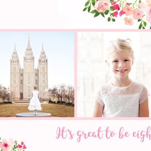 May include: A young girl in a white dress stands in front of a large white building with tall spires. The text "It's great to be eight!" is written below the image.