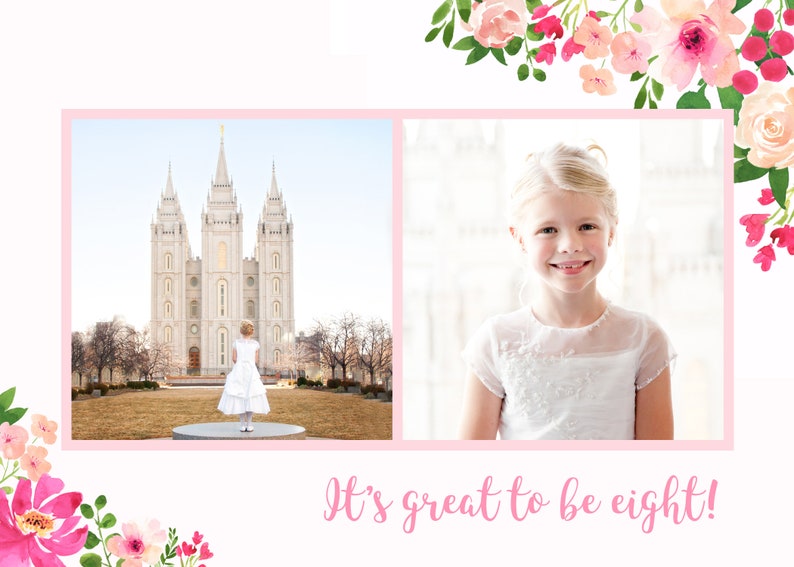May include: A young girl in a white dress stands in front of a large white building with tall spires. The text "It's great to be eight!" is written below the image.