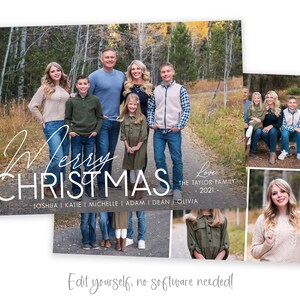 May include: A Christmas card featuring a family of seven standing in a forest setting. The card has a collage of photos with the text "Merry Christmas" and "Love The Taylor Family 2021" in white script.