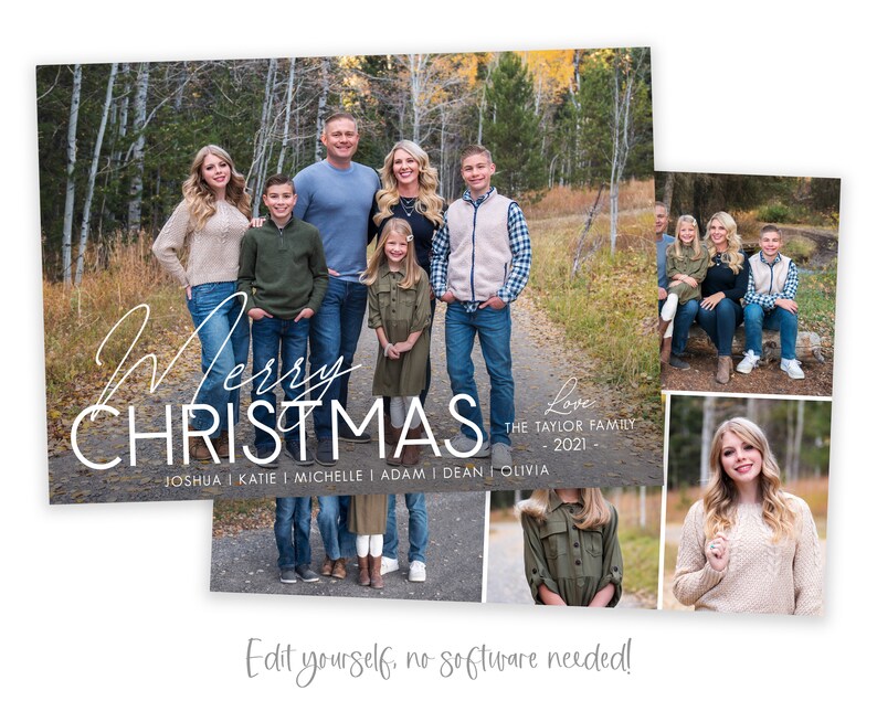 May include: A Christmas card featuring a family of seven standing in a forest setting. The card has a collage of photos with the text "Merry Christmas" and "Love The Taylor Family 2021" in white script.