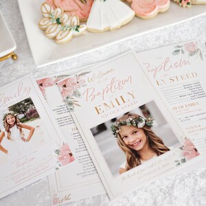 May include: A floral themed program for a baptism ceremony. The program includes a photo of the person being baptized, the name "Emily Nicole Steed", and the date of the baptism. The program also includes a list of the family members present at the ceremony.