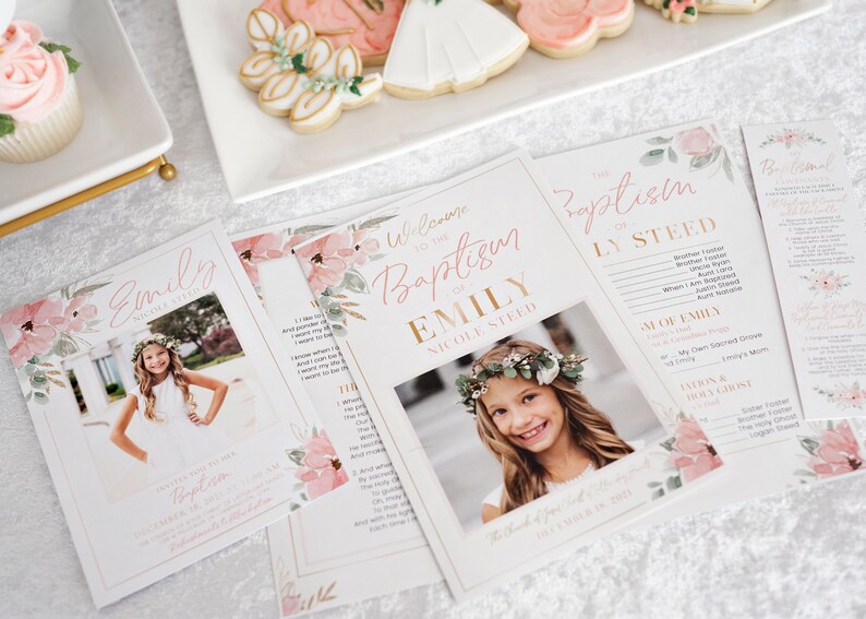 May include: A floral themed program for a baptism ceremony. The program includes a photo of the person being baptized, the name "Emily Nicole Steed", and the date of the baptism. The program also includes a list of the family members present at the ceremony.