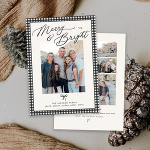 May include: A black and white checkered Christmas card with the text "Merry & Bright '24" and a photo of a family of five. The text "The Jackson Family" is below the photo with the names "Jacob, Allison, Jordan, Peter, Avery". The text "Love, The Jackson Family" is at the bottom of the card.