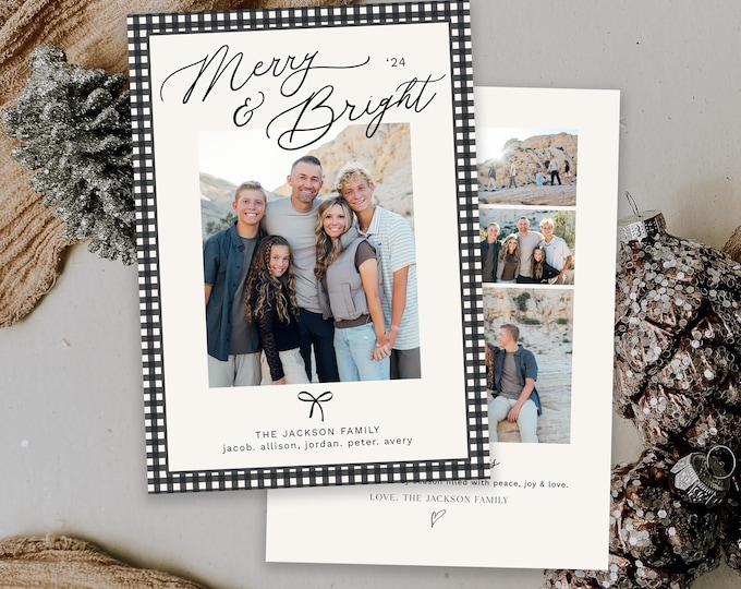 Christmas Card Template | Modern Photo Christmas Card | Boho Holiday Card | Minimalist Christmas Card | Merry & Bright | Editable Template