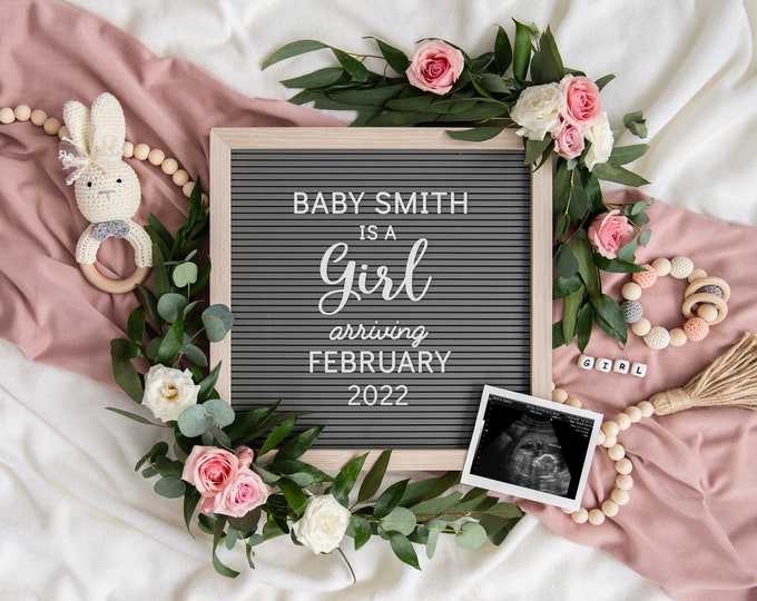 Digital Pregnancy Announcement | Girl Gender Reveal | Editable Letter Board for Social Media | Instagram Pregnancy Announcement | Corjl