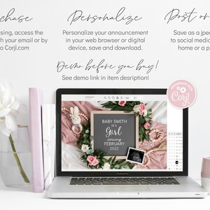 May include: A laptop screen displaying a digital announcement template for a baby girl's birth. The template features a pink and green floral wreath with a chalkboard sign that reads "BABY SMITH is a Girl arriving FEBRUARY 2022". The template is surrounded by a pink and white background.