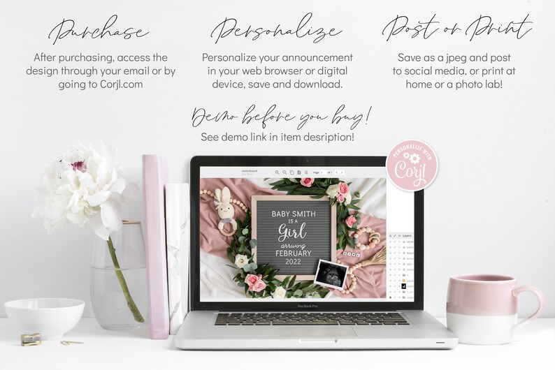 May include: A laptop screen displaying a digital announcement template for a baby girl's birth. The template features a pink and green floral wreath with a chalkboard sign that reads "BABY SMITH is a Girl arriving FEBRUARY 2022". The template is surrounded by a pink and white background.