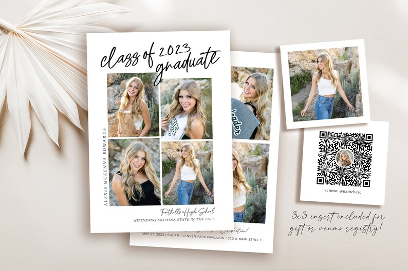 May include: A graduation announcement for Alexis McKenna Edwards, class of 2023. The announcement features a collage of photos of Alexis, the text "class of 2023 graduate", and information about her graduation ceremony and future plans. It also includes a QR code for a venmo registry.