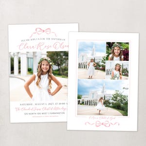 May include: Invitation to a baptism ceremony for Clara Rose Olsen, featuring a photo of the girl in a white dress and a flower crown. The event will be held at The Church of Jesus Christ of Latter-day Saints on August 1, 2025 at 10:00 AM. The address is 125 North 100 West | Farmington.