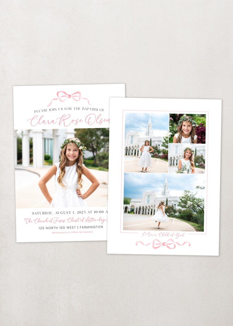 May include: Invitation to a baptism ceremony for Clara Rose Olsen, featuring a photo of the girl in a white dress and a flower crown. The event will be held at The Church of Jesus Christ of Latter-day Saints on August 1, 2025 at 10:00 AM. The address is 125 North 100 West | Farmington.