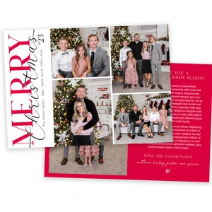 May include: A red and white Christmas card with the text "Merry Christmas '23" and a photo of a family in front of a Christmas tree. The text "The Smith Family Mike. Tasha. Scott. Miles. Lexi" is below the greeting. The card also includes the text "Wishing you a Holiday Season" and "Love. The Taylor Family Matthew. Harley. Jordan. Mac. Sienna".