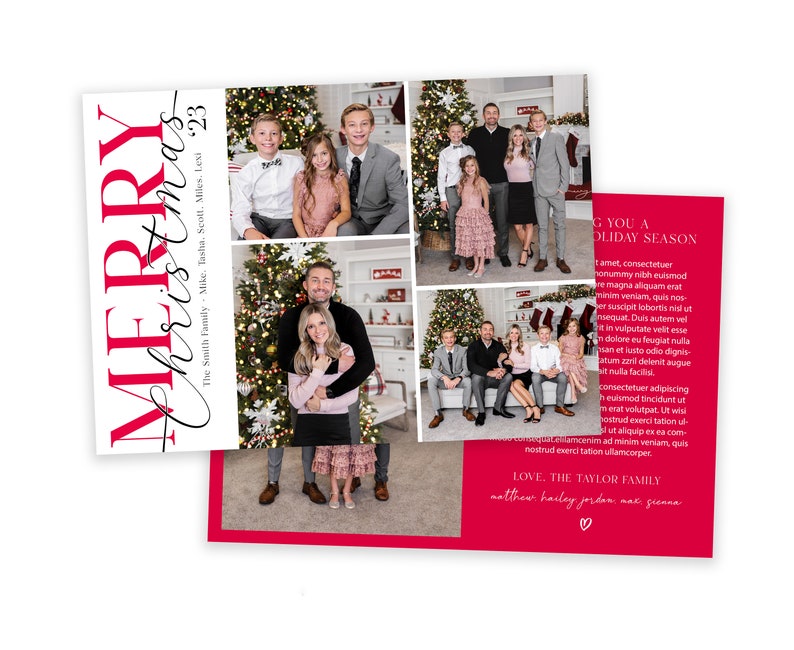 May include: A red and white Christmas card with the text "Merry Christmas '23" and a photo of a family in front of a Christmas tree. The text "The Smith Family Mike. Tasha. Scott. Miles. Lexi" is below the greeting. The card also includes the text "Wishing you a Holiday Season" and "Love. The Taylor Family Matthew. Harley. Jordan. Mac. Sienna".
