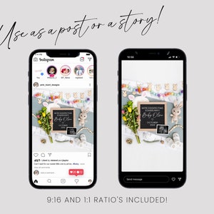 K&ouml;nnte beinhalten: Ein digitales Mockup eines Telefonbildschirms, das einen Social-Media-Post zeigt, der eine Schwangerschaft mit dem Text "We're expecting somebody... Baby Olov October 2024" ank&uuml;ndigt. Der Beitrag zeigt ein Schild aus Schiefer mit einem Ultraschallbild, ein kleines Stofftier-Kaninchen und eine Kette aus bunten Perlen.