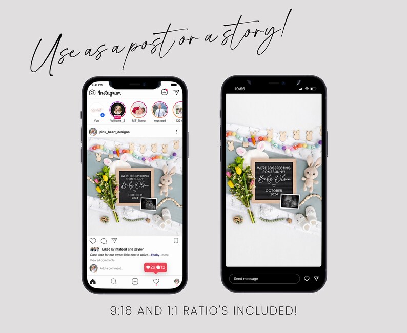 K&ouml;nnte beinhalten: Ein digitales Mockup eines Telefonbildschirms, das einen Social-Media-Post zeigt, der eine Schwangerschaft mit dem Text "We're expecting somebody... Baby Olov October 2024" ank&uuml;ndigt. Der Beitrag zeigt ein Schild aus Schiefer mit einem Ultraschallbild, ein kleines Stofftier-Kaninchen und eine Kette aus bunten Perlen.