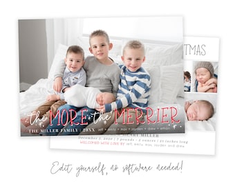 The More the Merrier Christmas Birth Announcement | Christmas Birth Card | Birth Announcement Template | Holiday Birth Announcement | Corjl