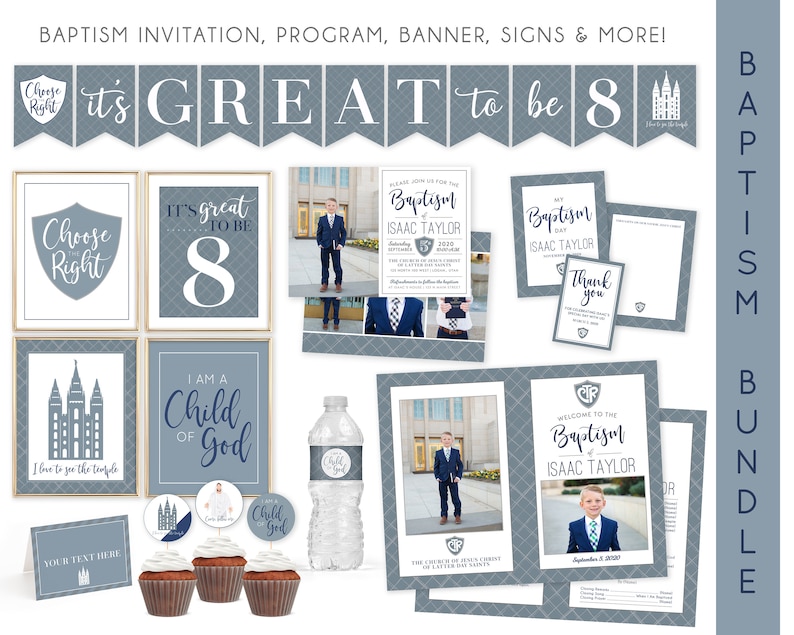 May include: A baptism bundle with a blue and gray color scheme. The bundle includes a banner, invitations, signs, and other decorations. The text on the banner reads "it's GREAT to be 8".