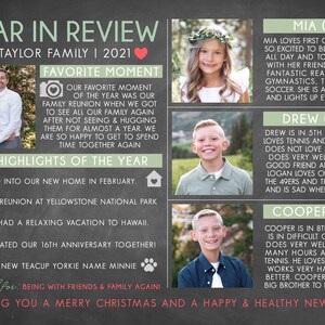 May include: A chalkboard with a green heart and a green border around the text. The text reads "Year in Review" and "The Taylor Family | 2021". Below the text are photos of a family with their names and ages. The text reads "Favorite Moment", "Top Highlights of the Year", "Thankful for: Being with friends & family again", and "Wishing you a Merry Christmas and a Happy & Healthy New Year!"