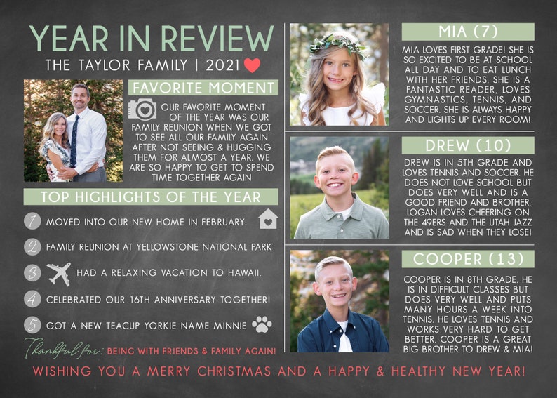 May include: A chalkboard with a green heart and a green border around the text. The text reads "Year in Review" and "The Taylor Family | 2021". Below the text are photos of a family with their names and ages. The text reads "Favorite Moment", "Top Highlights of the Year", "Thankful for: Being with friends & family again", and "Wishing you a Merry Christmas and a Happy & Healthy New Year!"