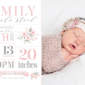 May include: A pink and gray baby announcement card with a photo of a sleeping baby girl wearing a white lace headband. The card includes the baby's name, birth date, time, weight, and length. The text reads: "EMILY nicole steed BORN: Saturday December 18TH 2021 6 pounds 13 ounces 2:00PM 20 inches Welcomed with love by NAME I NAME | NAME I NAME"
