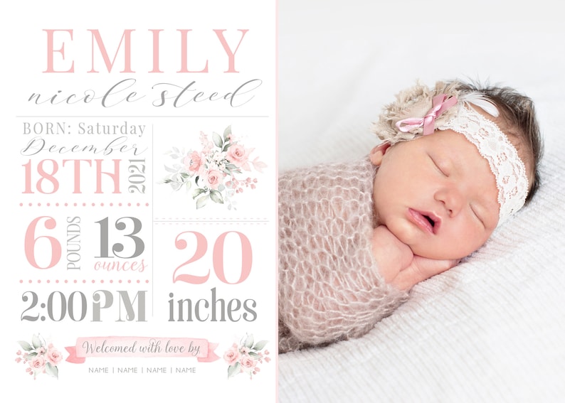 May include: A pink and gray baby announcement card with a photo of a sleeping baby girl wearing a white lace headband. The card includes the baby's name, birth date, time, weight, and length. The text reads: "EMILY nicole steed BORN: Saturday December 18TH 2021 6 pounds 13 ounces 2:00PM 20 inches Welcomed with love by NAME I NAME | NAME I NAME"