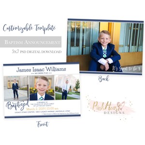 May include: A baptism announcement card with a photo of a young boy in a suit. The card is blue and white with the text "Baptized" and "It's Great to be 8".
