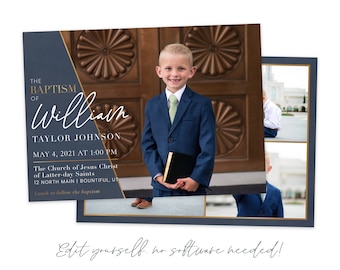 LDS Baptism Invitation Boy: Gold & Blue Photo Announcement (Digital)