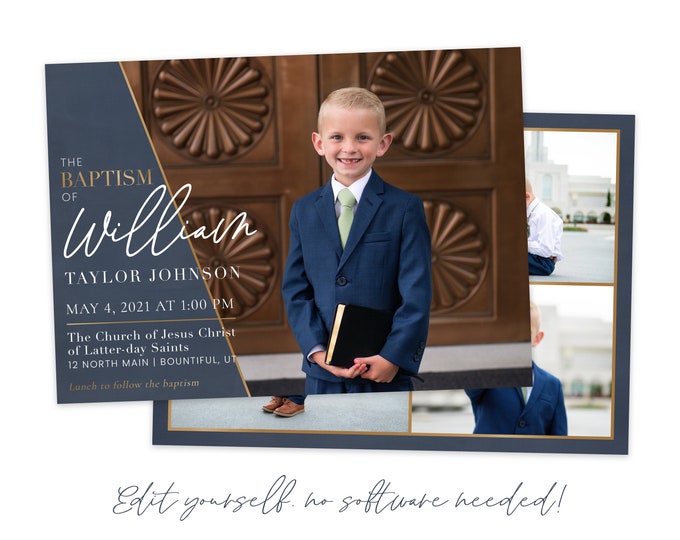 LDS Baptism Invitation Boy | Gold and Blue Baptism | LDS Baptism Invitation | Boy Baptism Invitations Digital | Baptism Announcement | Corjl